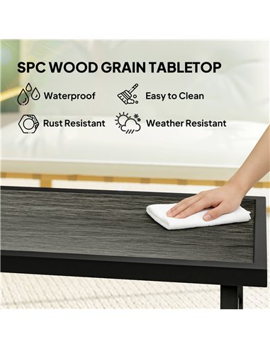 Outsunny Metal Garden Coffee Table, Outdoor Side Table with SPC Woodgrain Tabletop for Outside, 100 x 52 x 46cm, Dark Grey