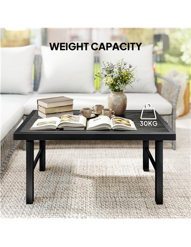 Outsunny Metal Garden Coffee Table, Outdoor Side Table with SPC Woodgrain Tabletop for Outside, 100 x 52 x 46cm, Dark Grey
