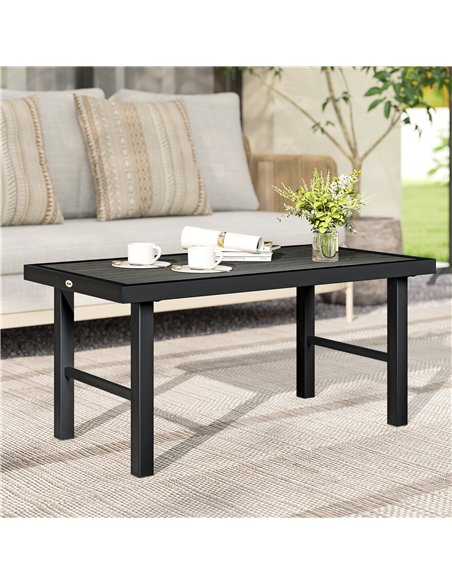 Outsunny Metal Garden Coffee Table, Outdoor Side Table with SPC Woodgrain Tabletop for Outside, 100 x 52 x 46cm, Dark Grey - pic 179705 | FastDaddyshop