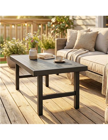 Outsunny Metal Garden Coffee Table, Outdoor Side Table with SPC Woodgrain Tabletop for Outside, 100 x 52 x 46cm, Dark Grey
