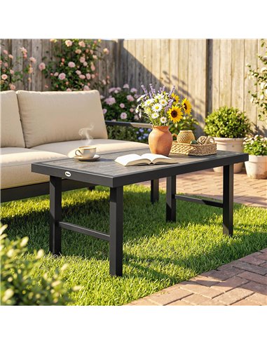 Outsunny Metal Garden Coffee Table, Outdoor Side Table with SPC Woodgrain Tabletop for Outside, 100 x 52 x 46cm, Dark Grey