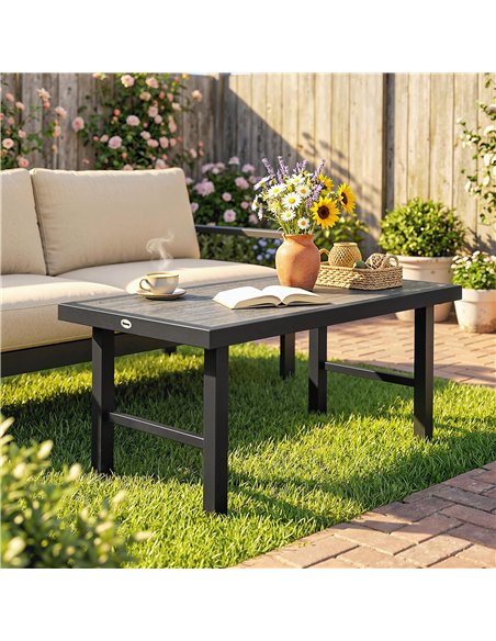 Outsunny Metal Garden Coffee Table, Outdoor Side Table with SPC Woodgrain Tabletop for Outside, 100 x 52 x 46cm, Dark Grey - pic 179707 | FastDaddyshop