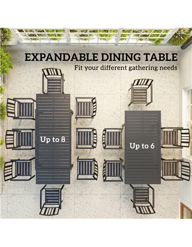 Outsunny Extending Garden Table for 6-8 People, Full Aluminium Outdoor Dining Table with Slatted Top, Dark Grey