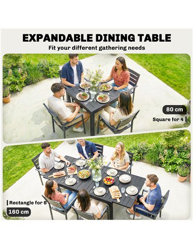 Outsunny Expandable Patio Dining Table for 4-6 People, 80-160 cm Aluminium Extendable Outdoor Patio Table with Slatted Top, Blac