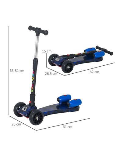 HOMCOM Kids 3 Wheel Kick Foldable Scooter with Flashing Wheels, Music, Water Spray, Blue