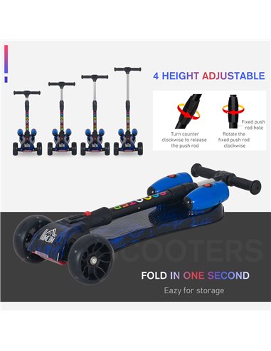 HOMCOM Kids 3 Wheel Kick Foldable Scooter with Flashing Wheels, Music, Water Spray, Blue