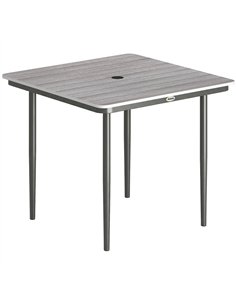 Outsunny Garden Dining Table for 4, 85 cm Square Outdoor Table with Umbrella Hole, Faux Wood Top, Metal Legs, Light Grey