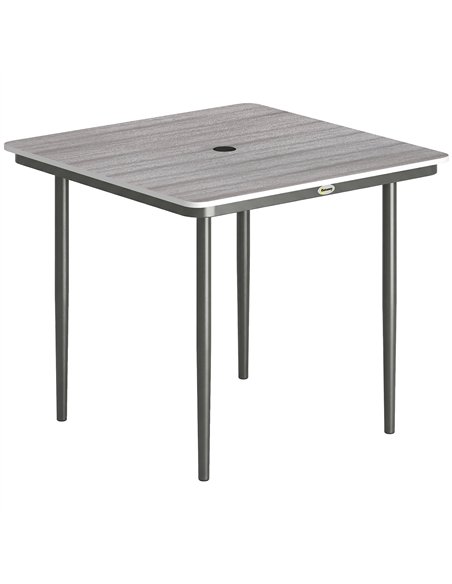 Outsunny Garden Dining Table for 4, 85 cm Square Outdoor Table with Umbrella Hole, Faux Wood Top, Metal Legs, Light Grey - pic 179762 | FastDaddyshop