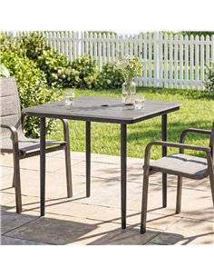 Outsunny Garden Dining Table for 4, 85 cm Square Outdoor Table with Umbrella Hole, Faux Wood Top, Metal Legs, Light Grey 2