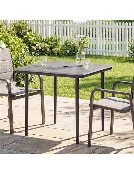 Outsunny Garden Dining Table for 4, 85 cm Square Outdoor Table with Umbrella Hole, Faux Wood Top, Metal Legs, Light Grey - pic 179763 | FastDaddyshop