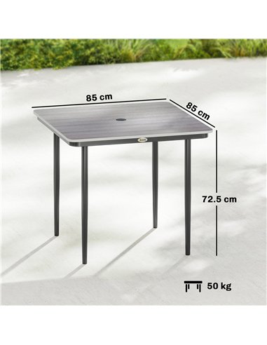 Outsunny Garden Dining Table for 4, 85 cm Square Outdoor Table with Umbrella Hole, Faux Wood Top, Metal Legs, Light Grey