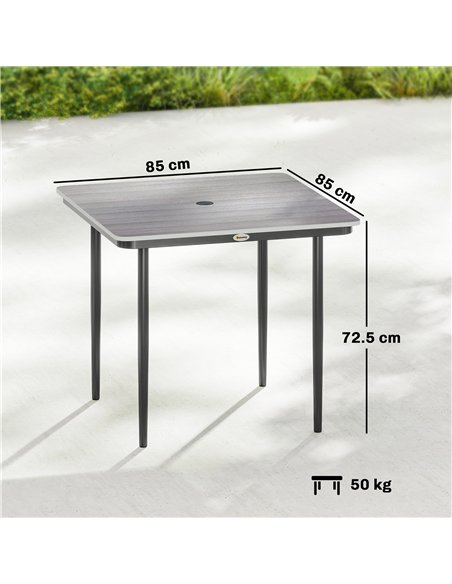 Outsunny Garden Dining Table for 4, 85 cm Square Outdoor Table with Umbrella Hole, Faux Wood Top, Metal Legs, Light Grey - pic 179764 | FastDaddyshop