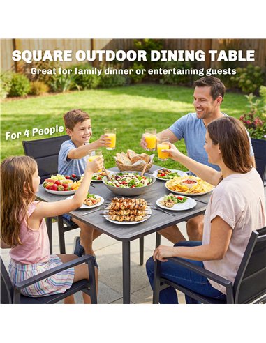 Outsunny Garden Dining Table for 4, 85 cm Square Outdoor Table with Umbrella Hole, Faux Wood Top, Metal Legs, Light Grey