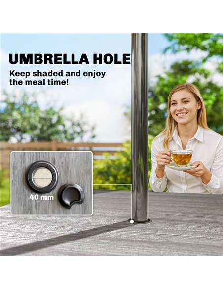 Outsunny Garden Dining Table for 4, 85 cm Square Outdoor Table with Umbrella Hole, Faux Wood Top, Metal Legs, Light Grey - pic 179766 | FastDaddyshop