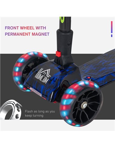 HOMCOM Kids 3 Wheel Kick Scooter Adjustable Height w/ Flashing Wheels Music Water Spray Foldable Design Cool On Off Road Vehicle