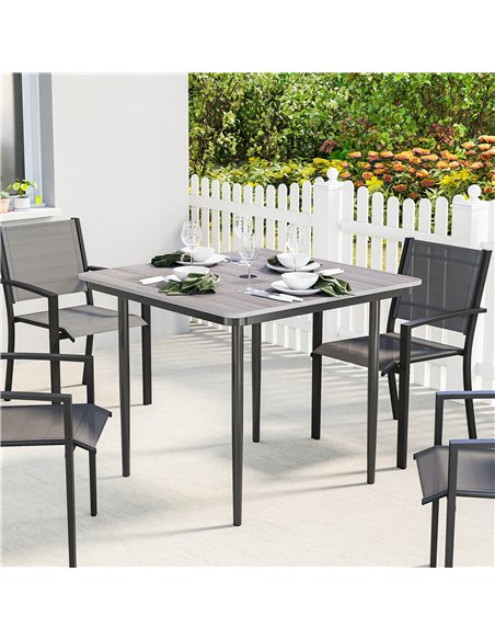 Outsunny Garden Dining Table for 4, 85 cm Square Outdoor Table with Umbrella Hole, Faux Wood Top, Metal Legs, Light Grey - pic 179770 | FastDaddyshop