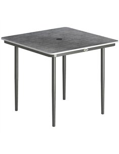 Outsunny Garden Dining Table for 4, 85 cm Square Outdoor Table with Umbrella Hole, Faux Wood Top, Metal Legs, Dark Grey