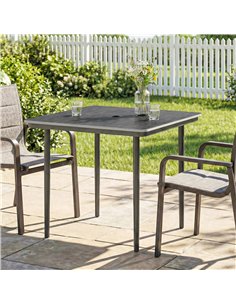 Outsunny Garden Dining Table for 4, 85 cm Square Outdoor Table with Umbrella Hole, Faux Wood Top, Metal Legs, Dark Grey 2