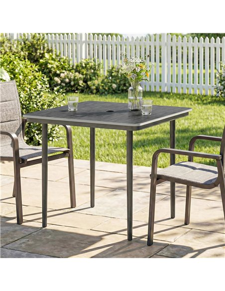 Outsunny Garden Dining Table for 4, 85 cm Square Outdoor Table with Umbrella Hole, Faux Wood Top, Metal Legs, Dark Grey - pic 179772 | FastDaddyshop