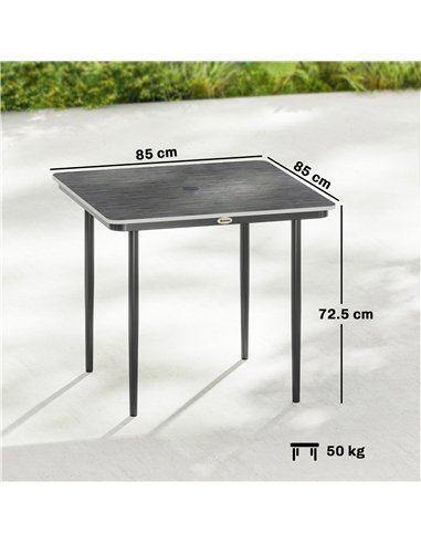 Outsunny Garden Dining Table for 4, 85 cm Square Outdoor Table with Umbrella Hole, Faux Wood Top, Metal Legs, Dark Grey