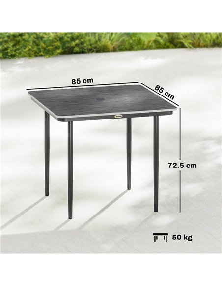 Outsunny Garden Dining Table for 4, 85 cm Square Outdoor Table with Umbrella Hole, Faux Wood Top, Metal Legs, Dark Grey - pic 179773 | FastDaddyshop