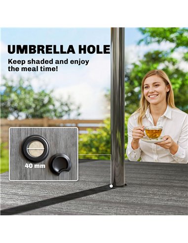 Outsunny Garden Dining Table for 4, 85 cm Square Outdoor Table with Umbrella Hole, Faux Wood Top, Metal Legs, Dark Grey