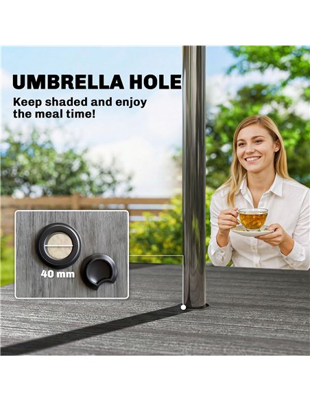 Outsunny Garden Dining Table for 4, 85 cm Square Outdoor Table with Umbrella Hole, Faux Wood Top, Metal Legs, Dark Grey - pic 179775 | FastDaddyshop