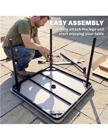 Outsunny Garden Dining Table for 4, 85 cm Square Outdoor Table with Umbrella Hole, Faux Wood Top, Metal Legs, Dark Grey
