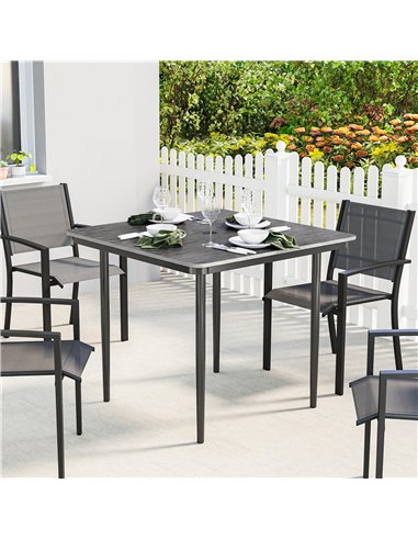 Outsunny Garden Dining Table for 4, 85 cm Square Outdoor Table with Umbrella Hole, Faux Wood Top, Metal Legs, Dark Grey