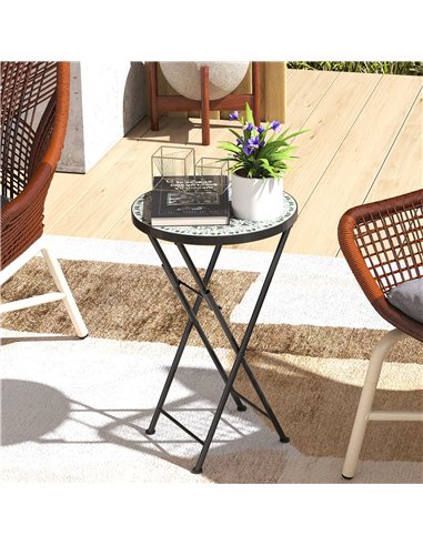 Outsunny Mosaic Outdoor Garden Table, 35.5cm Round Folding Coffee Table with Metal Frame for Balcony Terrace, Green