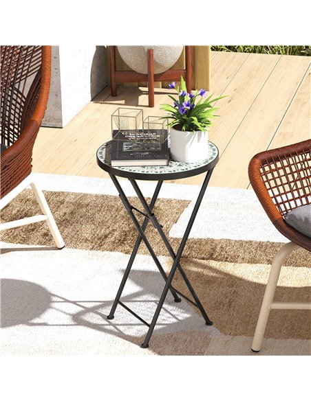 Outsunny Mosaic Outdoor Garden Table, 35.5cm Round Folding Coffee Table with Metal Frame for Balcony Terrace, Green - pic 179781 | FastDaddyshop