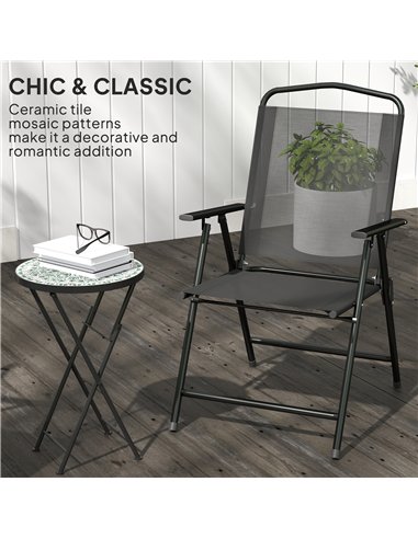 Outsunny Mosaic Outdoor Garden Table, 35.5cm Round Folding Coffee Table with Metal Frame for Balcony Terrace, Green