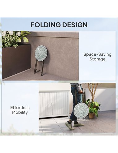 Outsunny Mosaic Outdoor Garden Table, 35.5cm Round Folding Coffee Table with Metal Frame for Balcony Terrace, Green