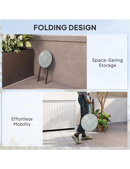 Outsunny Mosaic Outdoor Garden Table, 35.5cm Round Folding Coffee Table with Metal Frame for Balcony Terrace, Green - pic 179784 | FastDaddyshop