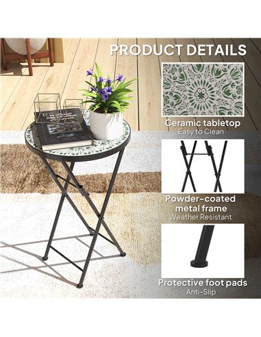 Outsunny Mosaic Outdoor Garden Table, 35.5cm Round Folding Coffee Table with Metal Frame for Balcony Terrace, Green