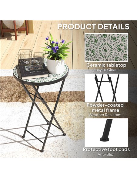 Outsunny Mosaic Outdoor Garden Table, 35.5cm Round Folding Coffee Table with Metal Frame for Balcony Terrace, Green - pic 179785 | FastDaddyshop