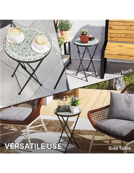 Outsunny Mosaic Outdoor Garden Table, 35.5cm Round Folding Coffee Table with Metal Frame for Balcony Terrace, Green - pic 179786 | FastDaddyshop