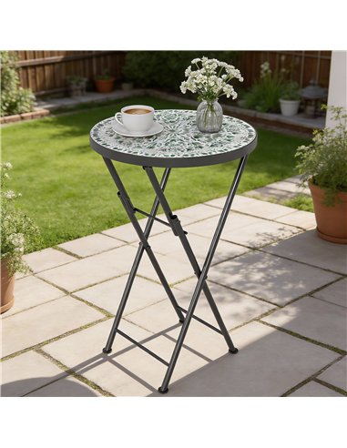 Outsunny Mosaic Outdoor Garden Table, 35.5cm Round Folding Coffee Table with Metal Frame for Balcony Terrace, Green
