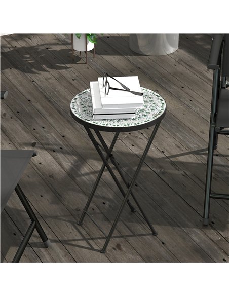 Outsunny Mosaic Outdoor Garden Table, 35.5cm Round Folding Coffee Table with Metal Frame for Balcony Terrace, Green - pic 179788 | FastDaddyshop