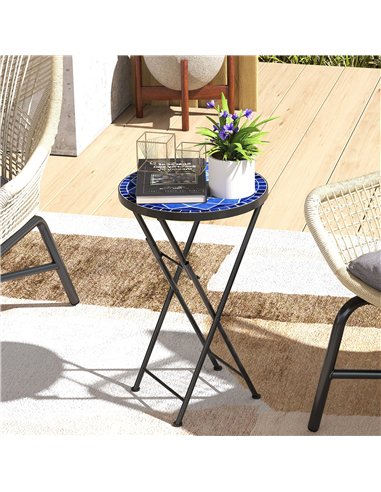 Outsunny Mosaic Outdoor Garden Table, 35.5cm Round Folding Coffee Table with Metal Frame for Balcony Terrace, Navy Blue