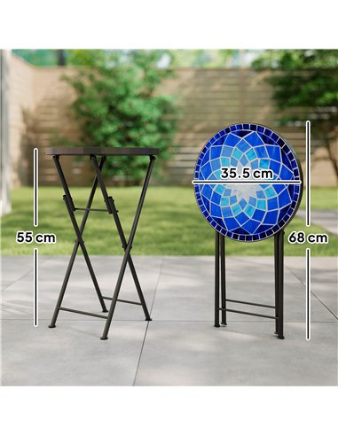 Outsunny Mosaic Outdoor Garden Table, 35.5cm Round Folding Coffee Table with Metal Frame for Balcony Terrace, Navy Blue