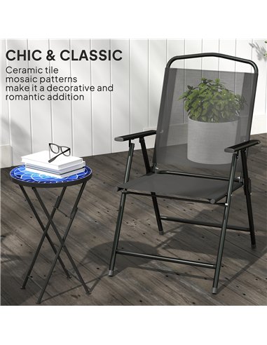 Outsunny Mosaic Outdoor Garden Table, 35.5cm Round Folding Coffee Table with Metal Frame for Balcony Terrace, Navy Blue