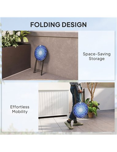 Outsunny Mosaic Outdoor Garden Table, 35.5cm Round Folding Coffee Table with Metal Frame for Balcony Terrace, Navy Blue