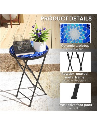 Outsunny Mosaic Outdoor Garden Table, 35.5cm Round Folding Coffee Table with Metal Frame for Balcony Terrace, Navy Blue