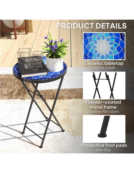 Outsunny Mosaic Outdoor Garden Table, 35.5cm Round Folding Coffee Table with Metal Frame for Balcony Terrace, Navy Blue - pic 179794 | FastDaddyshop