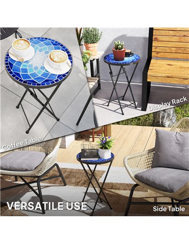 Outsunny Mosaic Outdoor Garden Table, 35.5cm Round Folding Coffee Table with Metal Frame for Balcony Terrace, Navy Blue