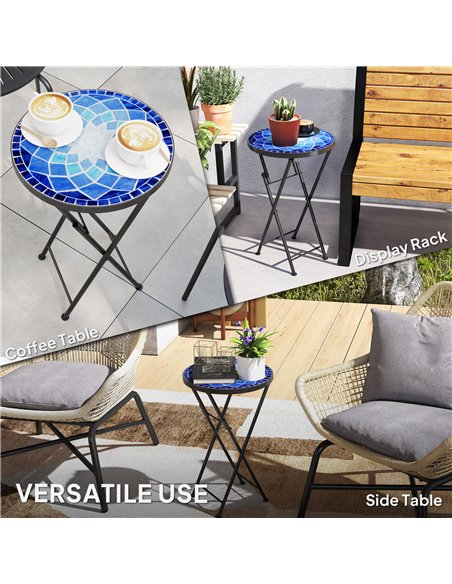 Outsunny Mosaic Outdoor Garden Table, 35.5cm Round Folding Coffee Table with Metal Frame for Balcony Terrace, Navy Blue - pic 179795 | FastDaddyshop