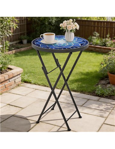 Outsunny Mosaic Outdoor Garden Table, 35.5cm Round Folding Coffee Table with Metal Frame for Balcony Terrace, Navy Blue