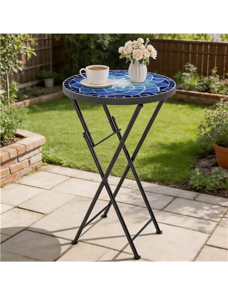 Outsunny Mosaic Outdoor Garden Table, 35.5cm Round Folding Coffee Table with Metal Frame for Balcony Terrace, Navy Blue - pic 179796 | FastDaddyshop