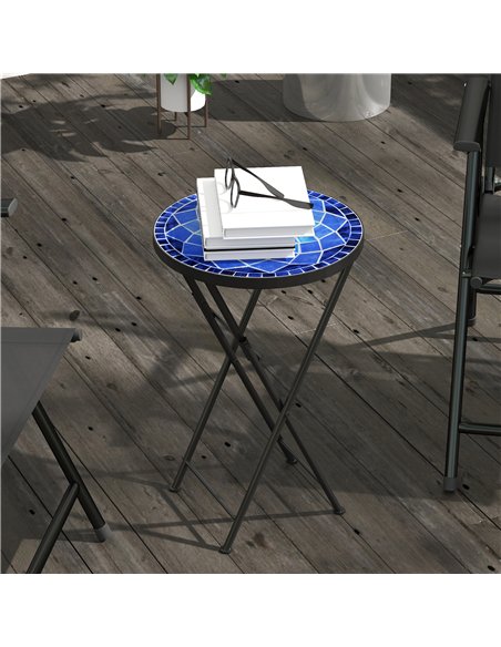 Outsunny Mosaic Outdoor Garden Table, 35.5cm Round Folding Coffee Table with Metal Frame for Balcony Terrace, Navy Blue - pic 179797 | FastDaddyshop